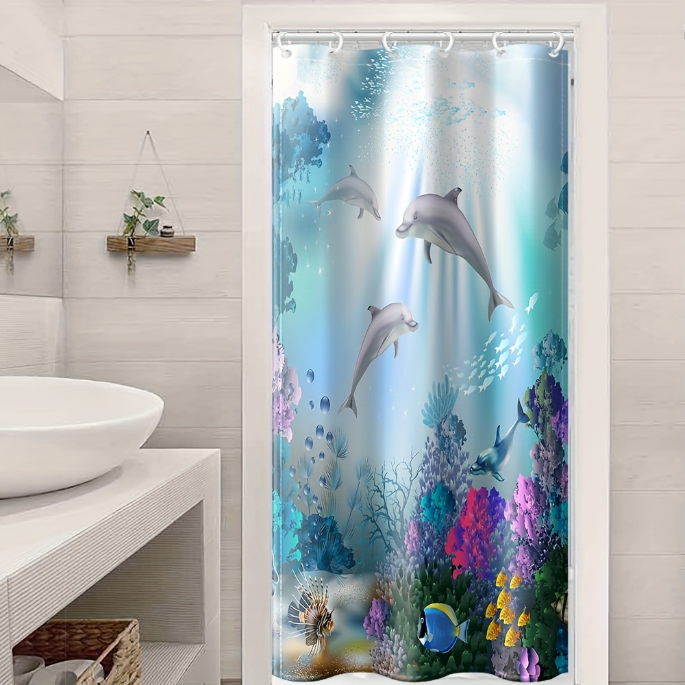 Blue Ocean Dolphin Shower Curtain Underwater Fish Coral - Temu