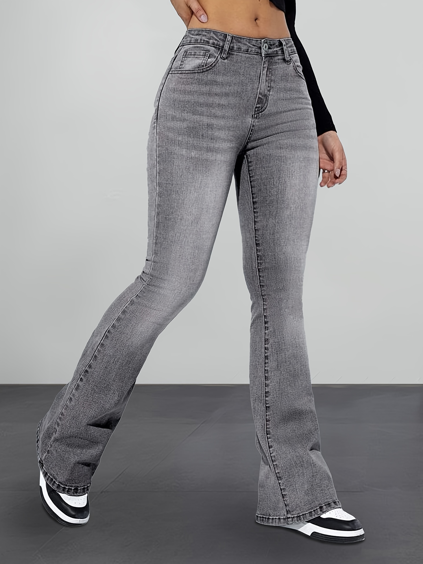 Dark Gray Bootcut Jeans High Waist Stretchy Slant Pocket - Temu