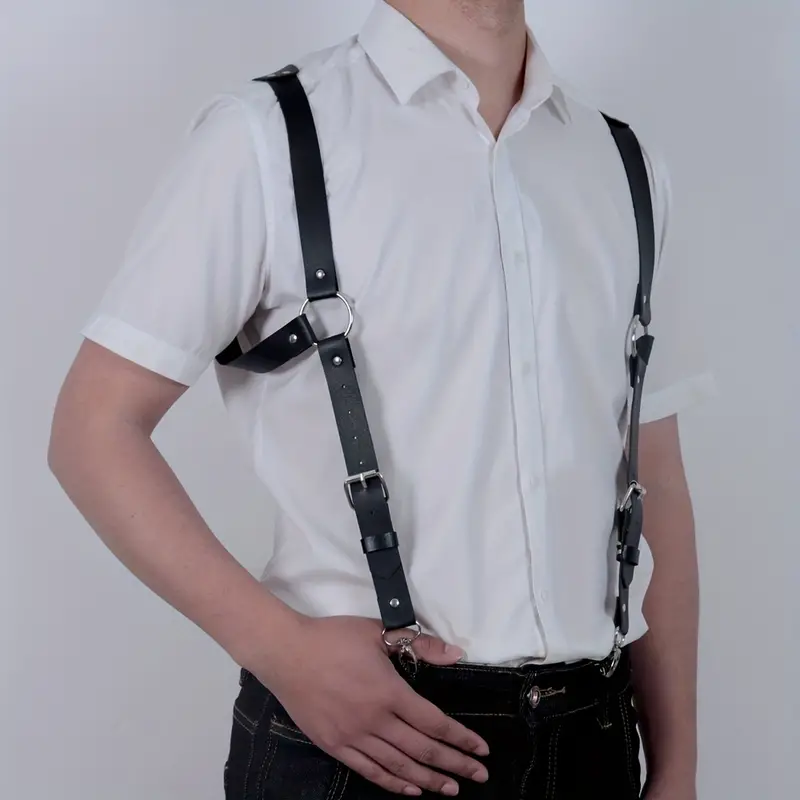 Temu Men's Fashion Leather Suspenders Gothic Leather Chest Straps Adjustable Buckle Straps Hanging Pants, Trousers Shoulder Straps Clothing Versatile