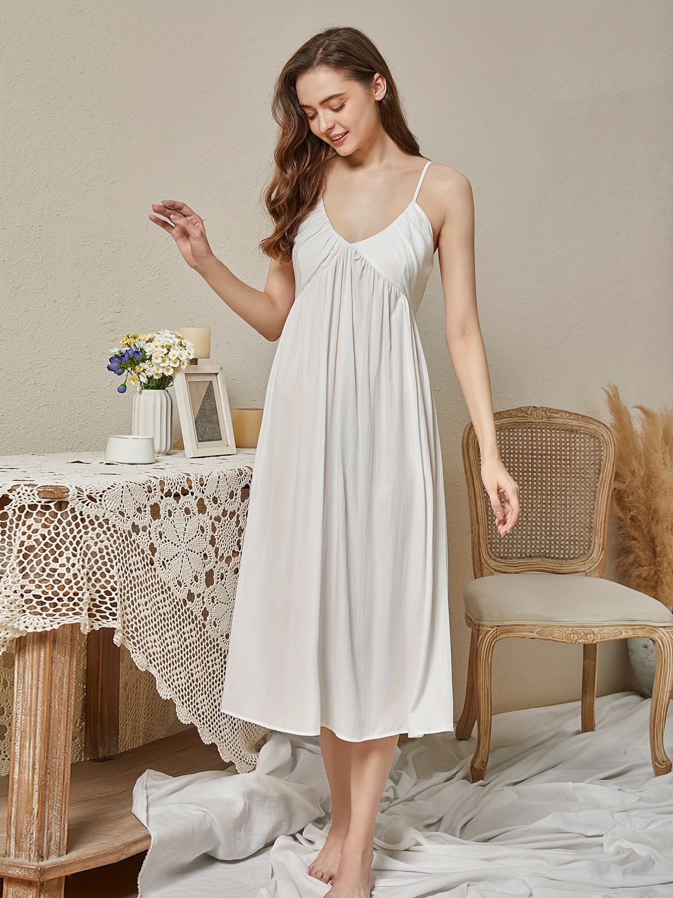 Women Sexy V-neck Spaghetti Strap Nightdress Summer Sleeveless Loose Design  Cotton Nightgowns White Knee-length Home Dresses