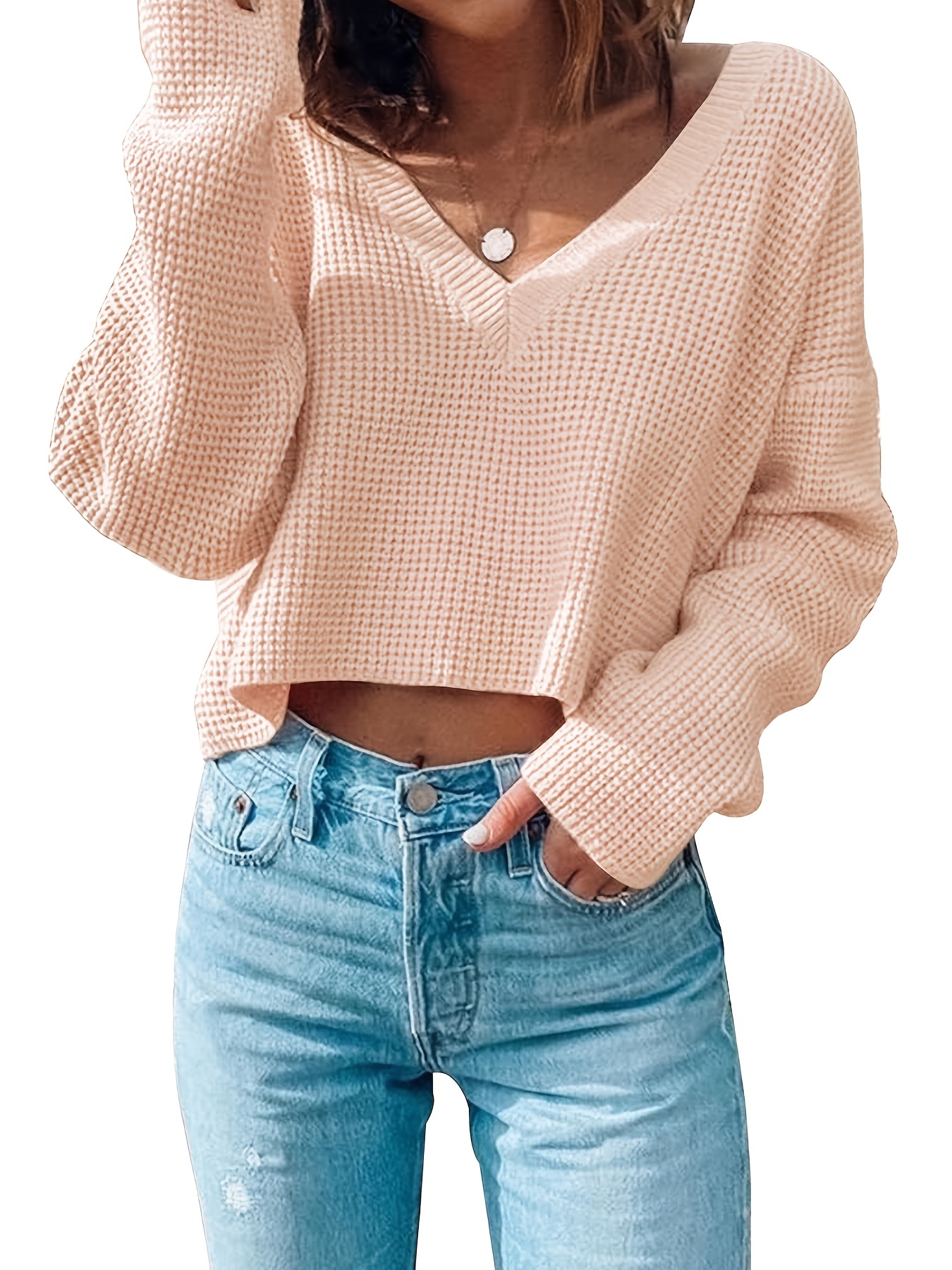 Solid V Neck Crop Pullover Sweater Casual Long Sleeve - Temu
