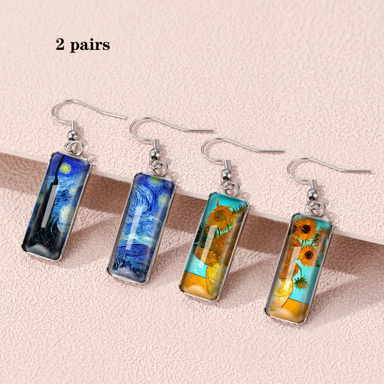 

Retro Famous Paintings Star Moon Night Sunflower Pattern Rectangle Shape Dangle Earrings Elegant Style Female Ornaments