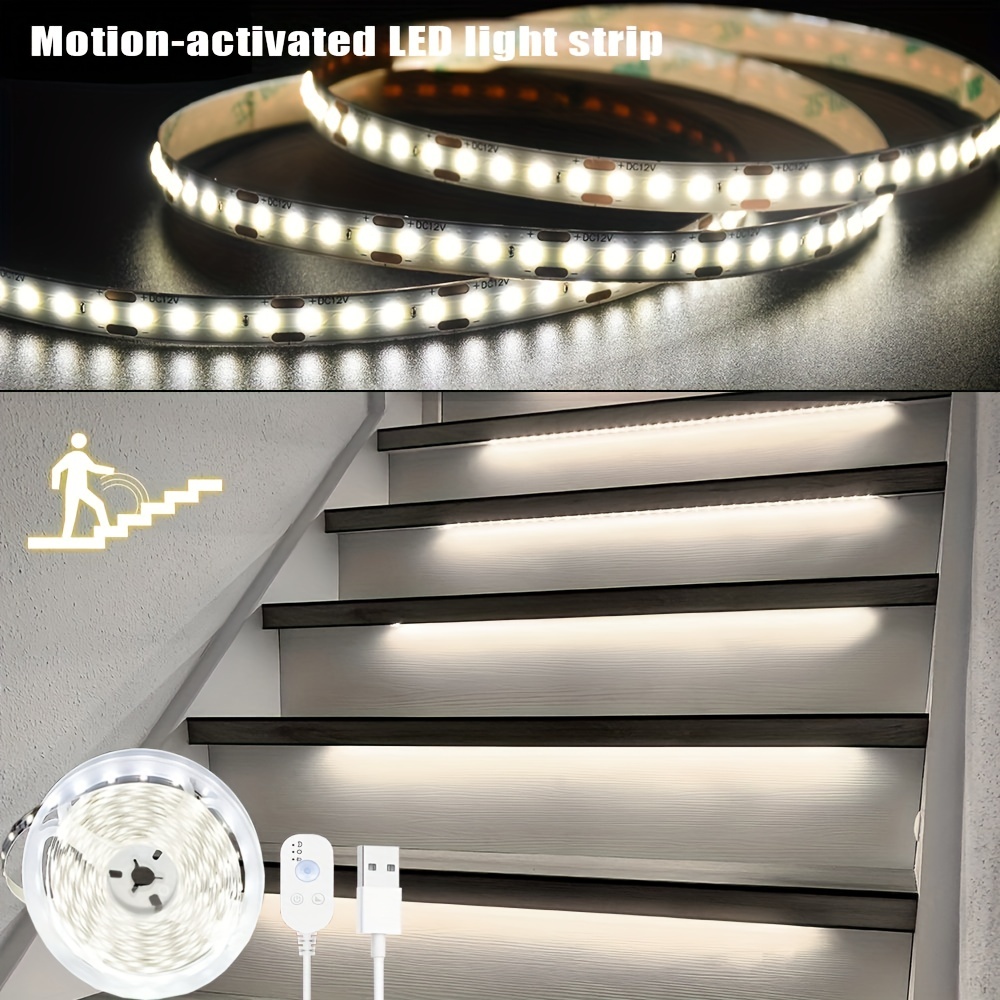 Tira de luces LED con Sensor de movimiento PIR, cinta luminosa Flexible con  batería USB de 5V, 60LEDs/m, 2835, para decoración de escaleras y armarios  de cocina