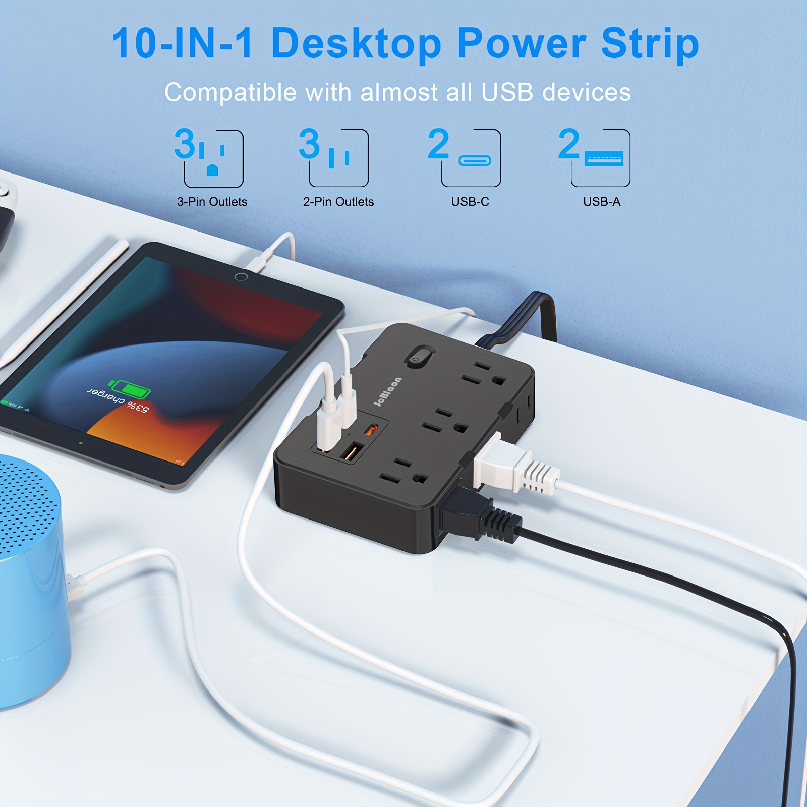 Ultra Thin 5FT Flat Extension Cord, Surge Protector Flat Plug Power Strip 4 Wide Spaced Ac Outlets 3 Usb 900 Joules For Home Office Dorm