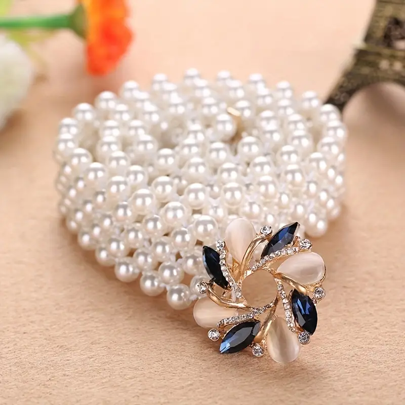 Crystal Flower Faux Pearl Belt Elegant White Waist Chain For - Temu