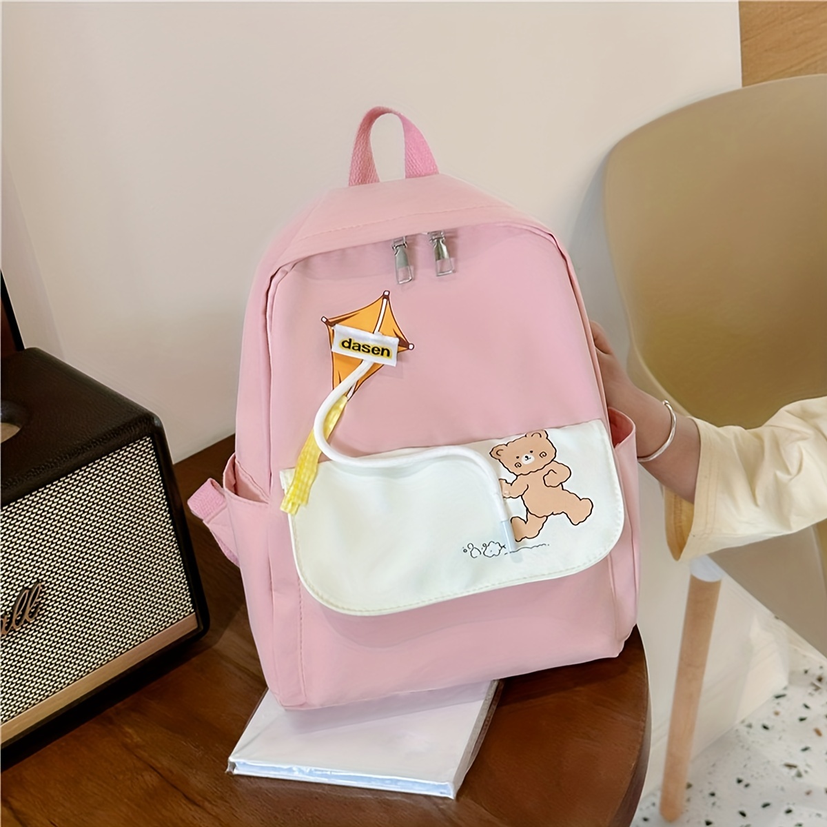 Fashionable Casual Canvas Backpack With Letter Print And Cute Bear Pattern,  School Bag