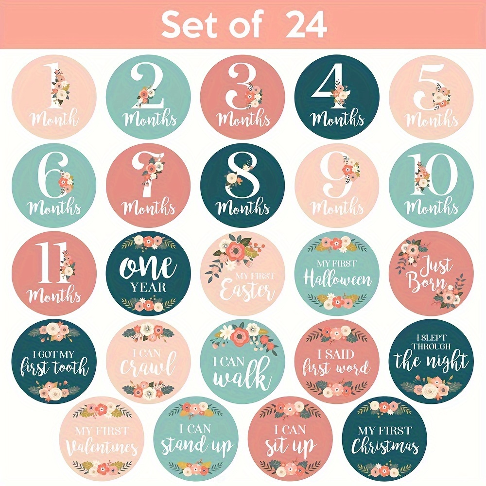 Image of 24pcs Monthly Stickers, Monthly Milestone Stickers, Floral Milestone Stickers, Monthly Growth Milestone Stickers - The Perfect Keepsake Gift For Mom!