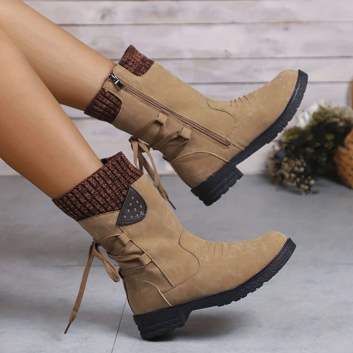 Winter Boots Women Fuzzy Fashion Winter Women Snow Boots Thick Bottom Low  Heel Non Slip Round Toe Solid Color Back Zipper Plush Warm and Comfortable Cute  Snow Shoes Women (Khaki-9, 7) 