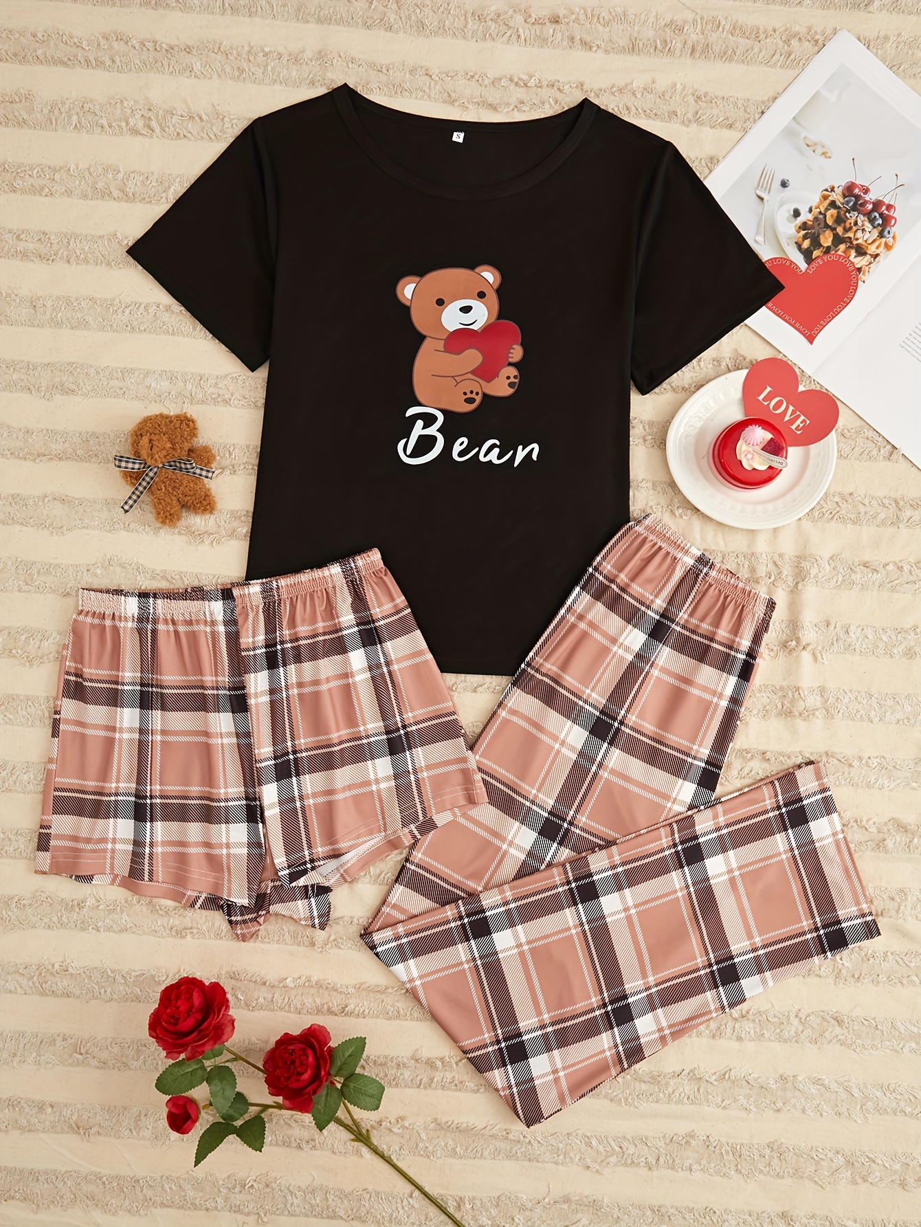Cute Teddy Bear Warm & Thermal Loungewear, Long Sleeve Pullover Pajama Tops  & Pants For Valentine's Gifts, Women's Sleepwear & Loungewear