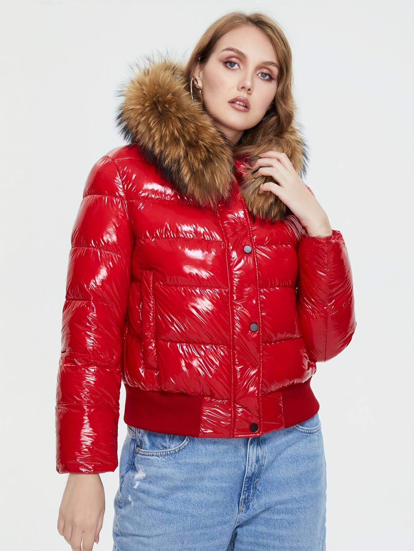 Red shiny puffer online jacket with fur hood