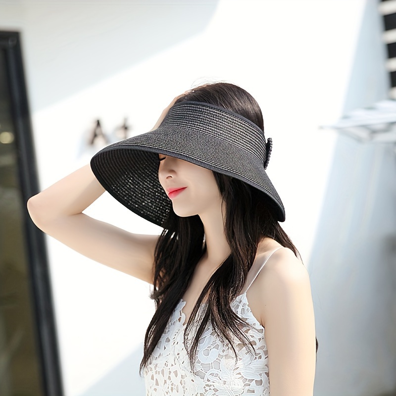 Sun Hats Straw Visor Hat Women Summer Sun Shade Hats Foldable Female  Seaside Beach Cap Casual Outdoor Caps (Color : Black, Size : Adjust)