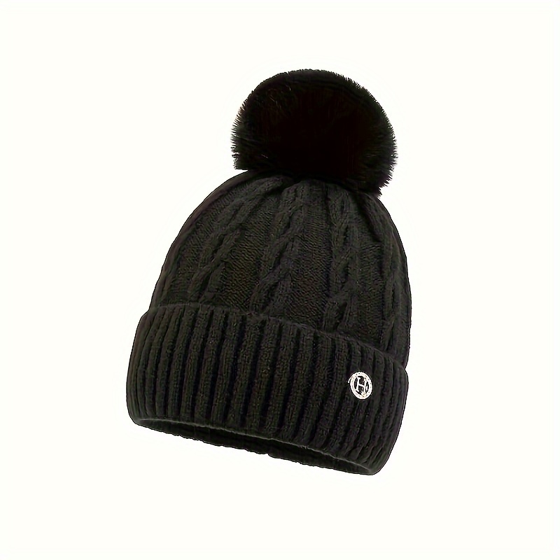 Solid Twisted Beanie Hat with Pom Poms, Fashionable Chunky Soft Warm Cable Knit Hat,Temu