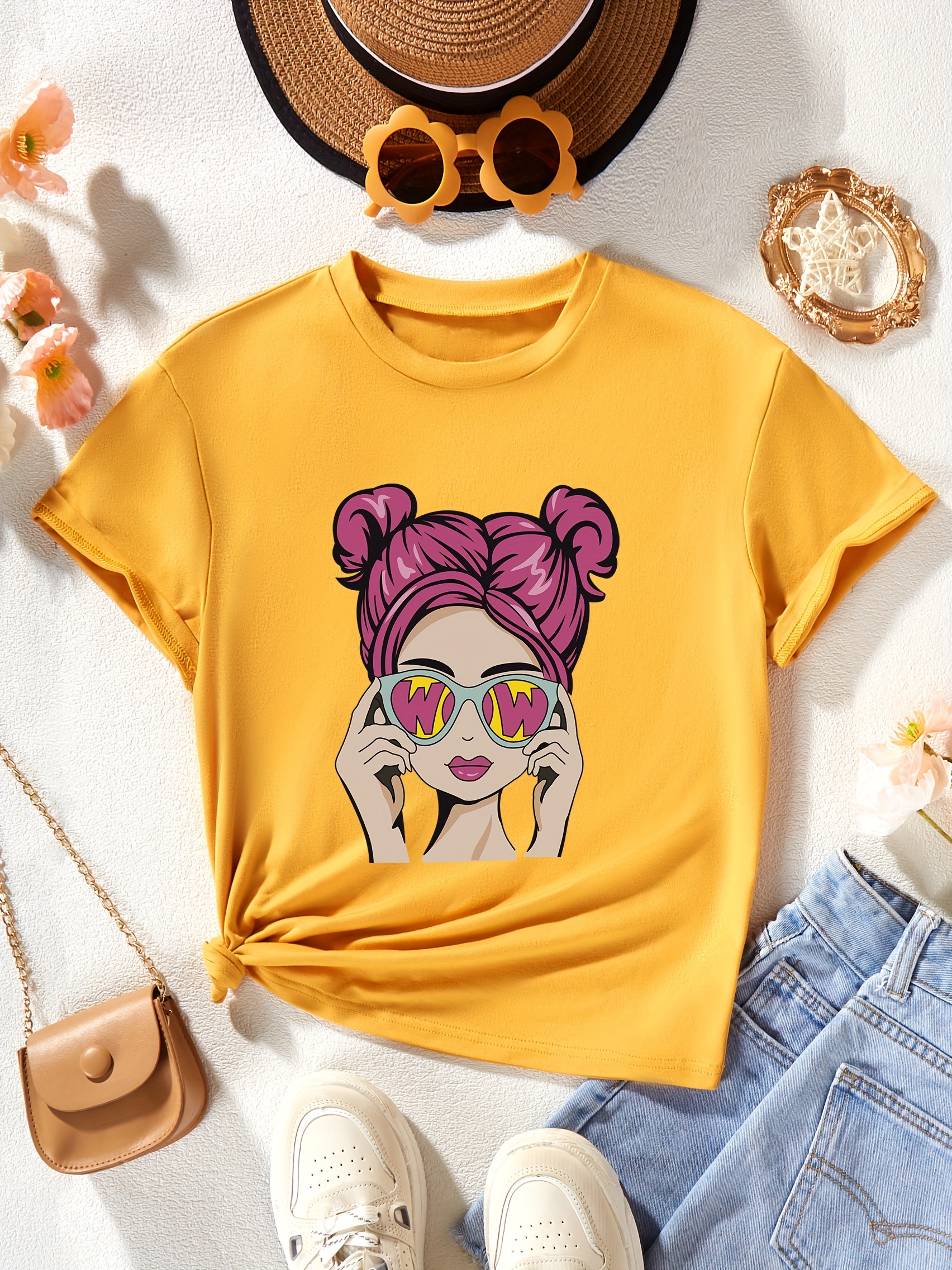 Cartoon Cool Girl Pattern Girls Trendy T shirt Crew Neck Short Sleeve Comfy Breathable Tops Casual Girls Clothing Multiple Colors