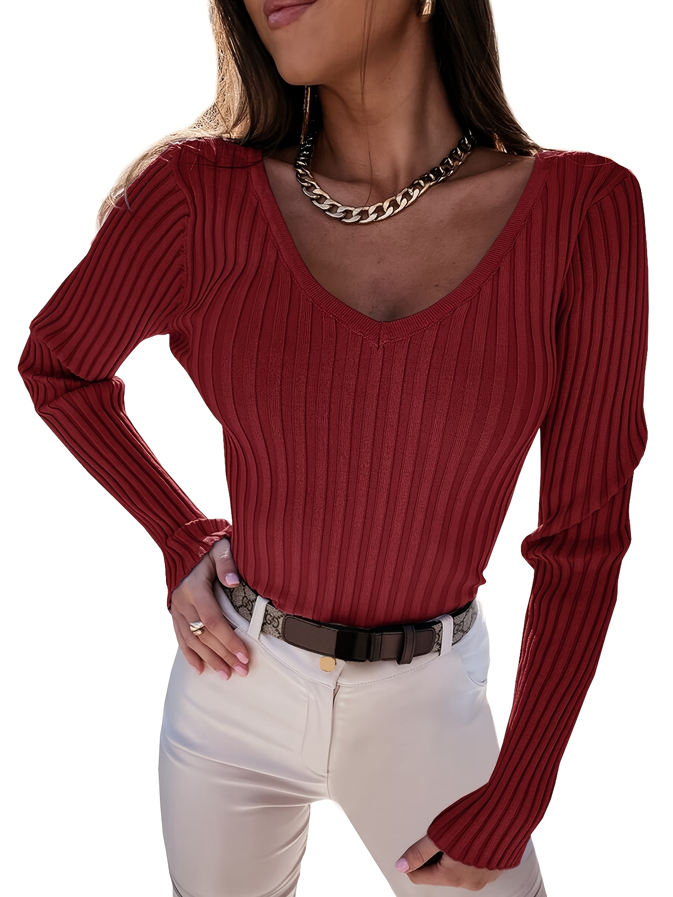 Comprar Jersey de otoño e invierno para mujer, suéter rojo informal de  manga larga con cuello redondo, suéter de punto suelto, Top para mujer 2022