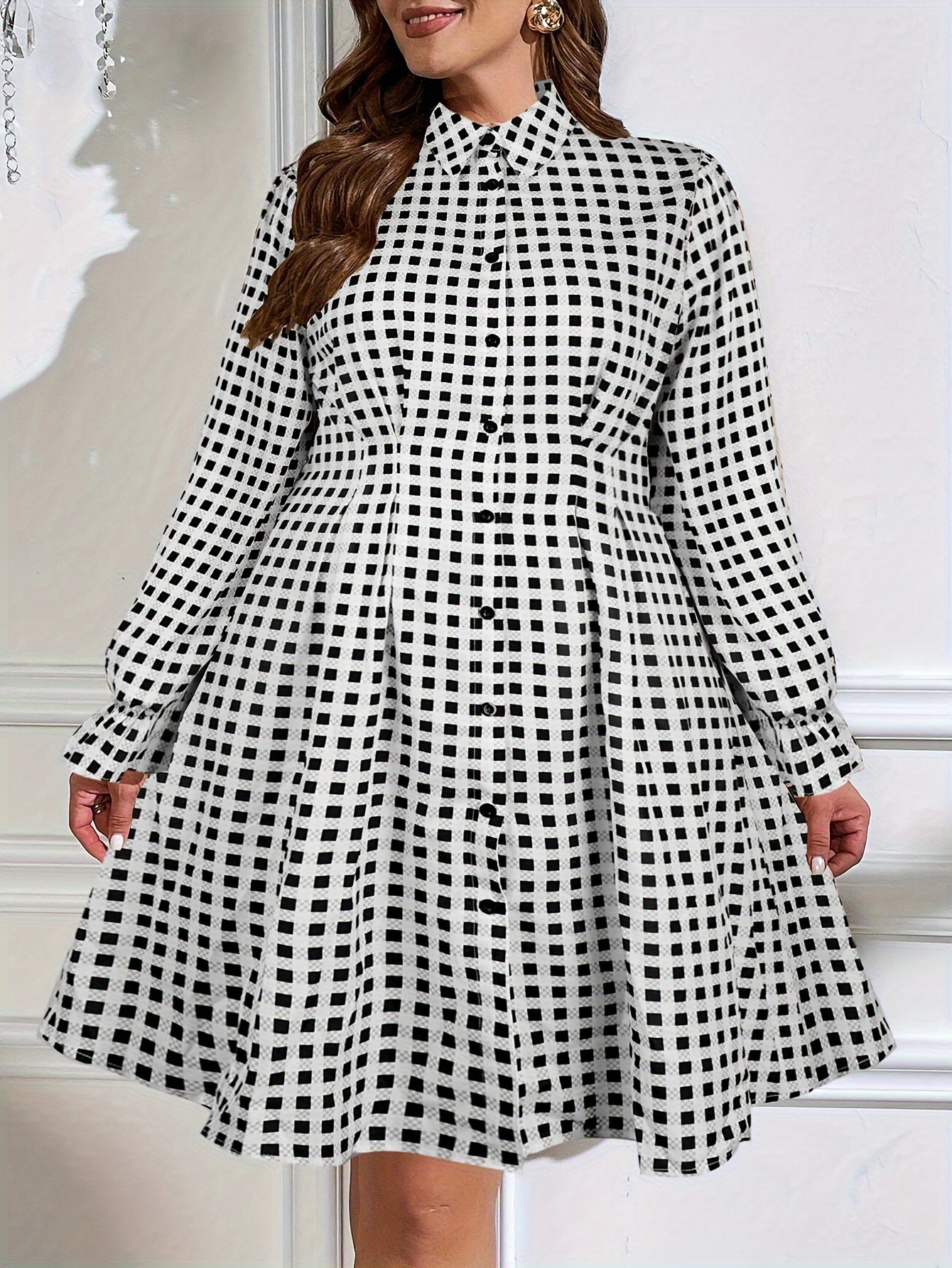 Plus Size Preppy Dress, Women's Plus Contrast Plaid Print Button Decor Long  Sleeve Slight Stretch Dress For Fall & Winter