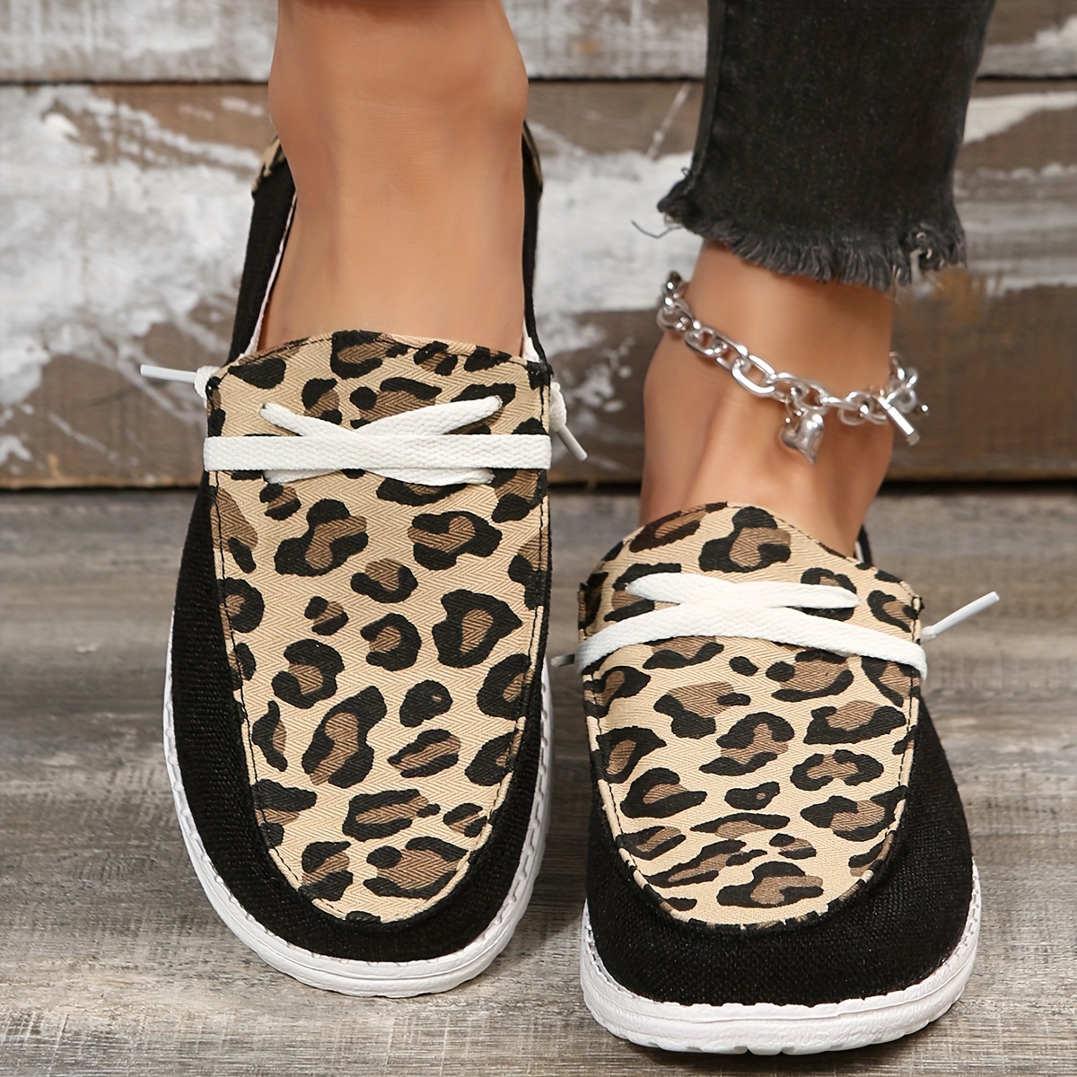 Women's Leopard Printed Canvas Shoes Casual Round Toe Lace - Temu