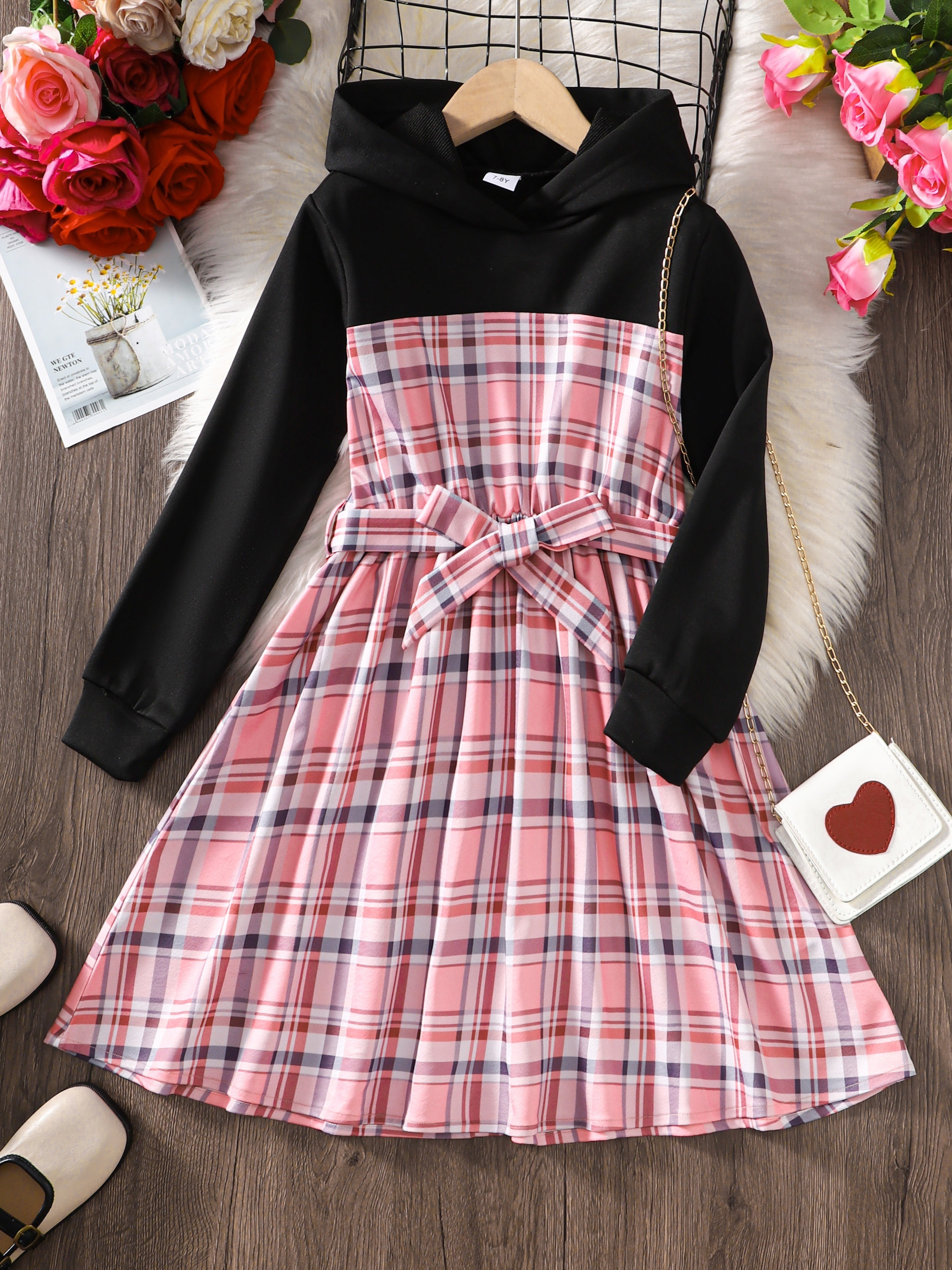 Hooded Plaid Dress With Bowknot Belt Cute Long Sleeve Dresses For Spring  And Autumn, Everyday, Party