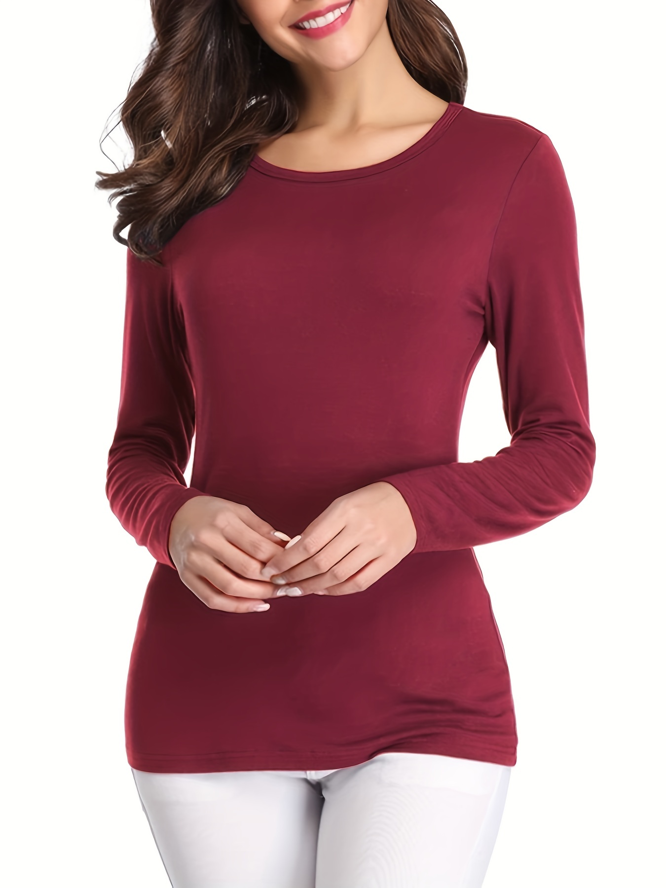 solid crew neck t shirt casual long sleeve lim top for spring fall womens clothing burgundy 0