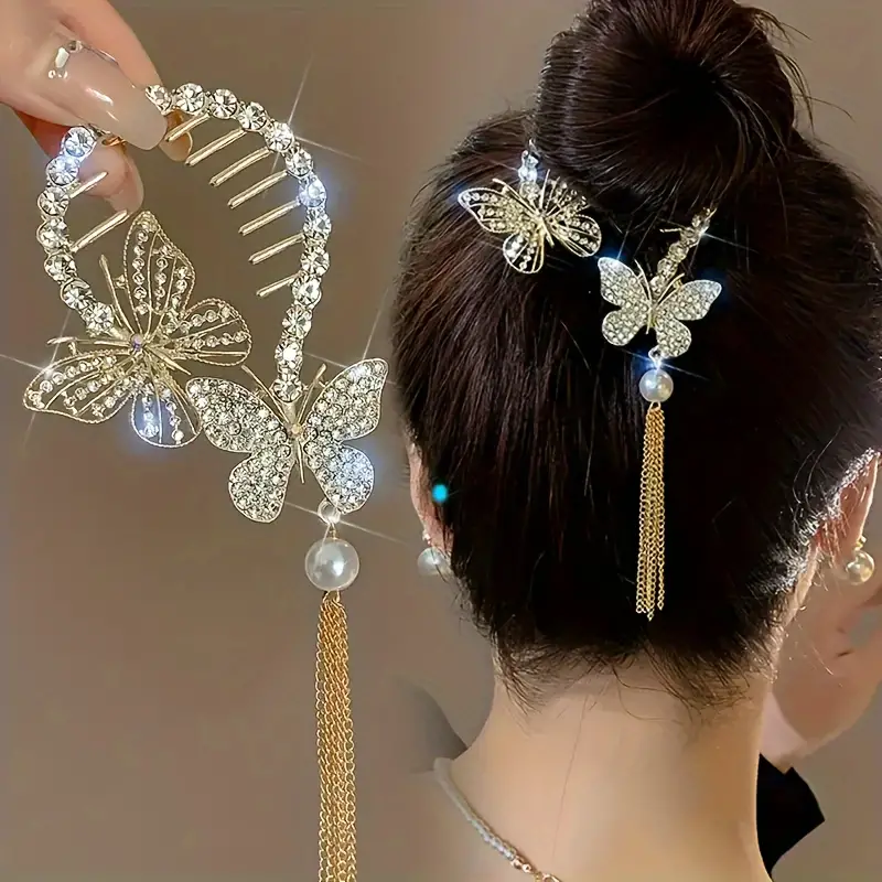 Anvazise Women Fashion Rhinestone Butterfly Hairclip Ponytail
