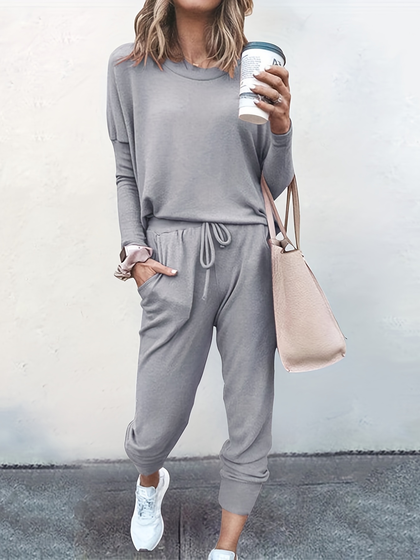 Casual Solid Two piece Set Long Sleeve T shirt Drawstring - Temu Canada