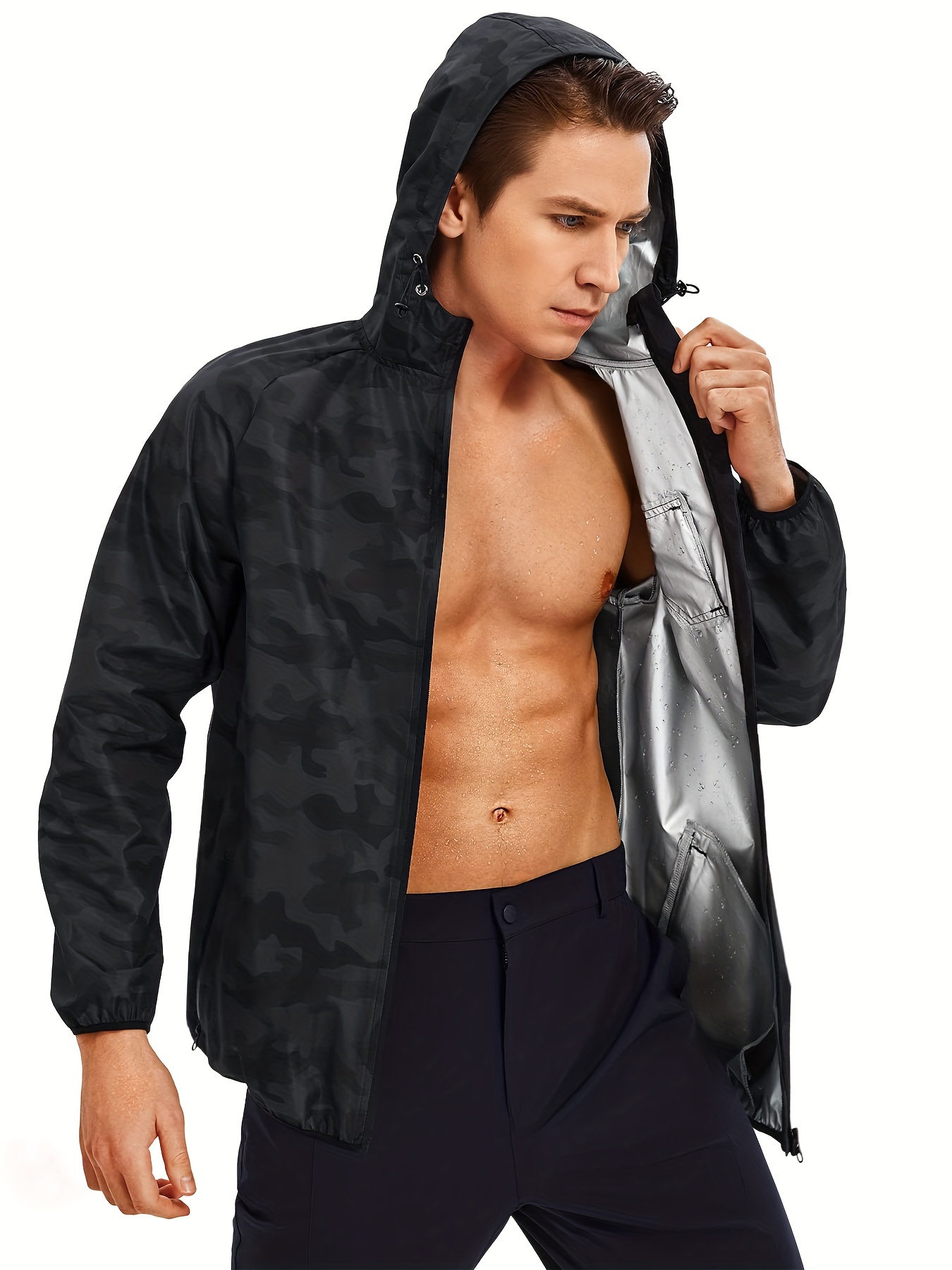 Traje de sauna para hombre, chaqueta de sauna para entrenamiento, gimnasio,  fitness, manga larga, sudadera con cremallera y capucha