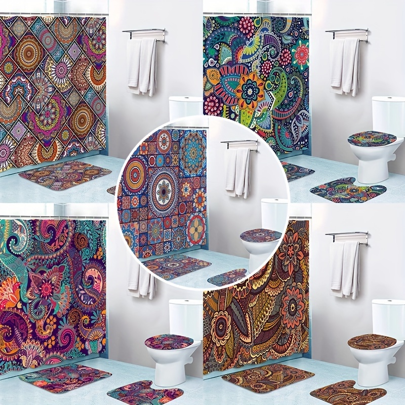 Geometric Pattern Shower Curtain Set Indian Bohemian Ethnic