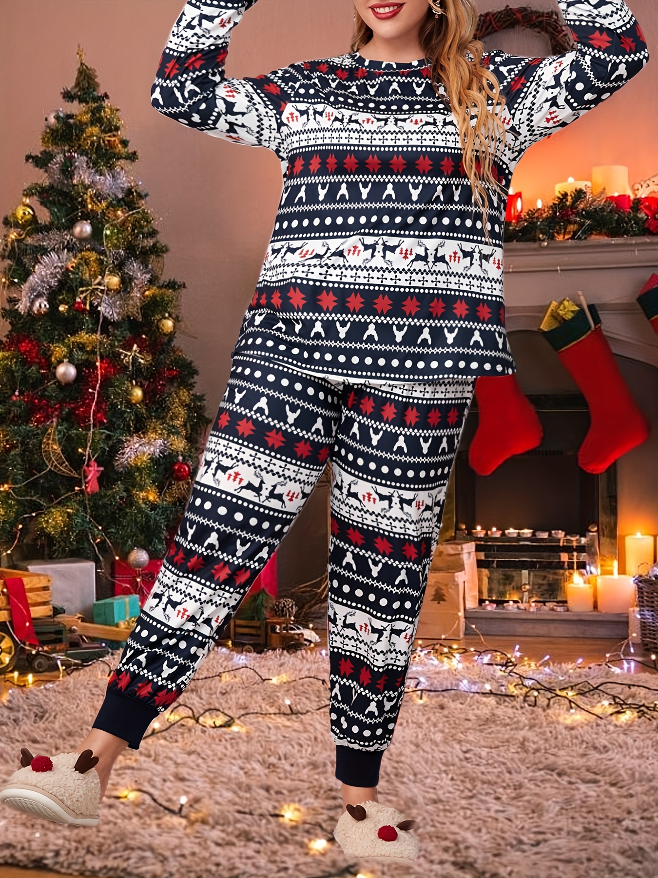 Christmas Pajama Set For Women 2 Piece Set Loungewear Xmas Elk Sleepwear  Long Sleeve Top With Pants Nightwear Sets
