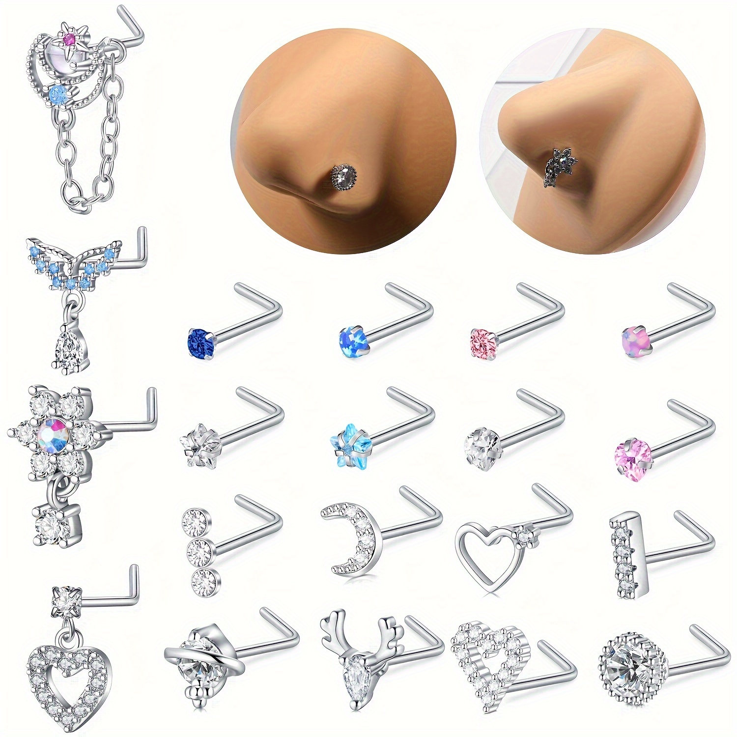 

10pcs L-shaped Nose Ring Set Inlaid Shiny Rhinestone Elegant Simple Nose Piercing Jewelry Set For Women