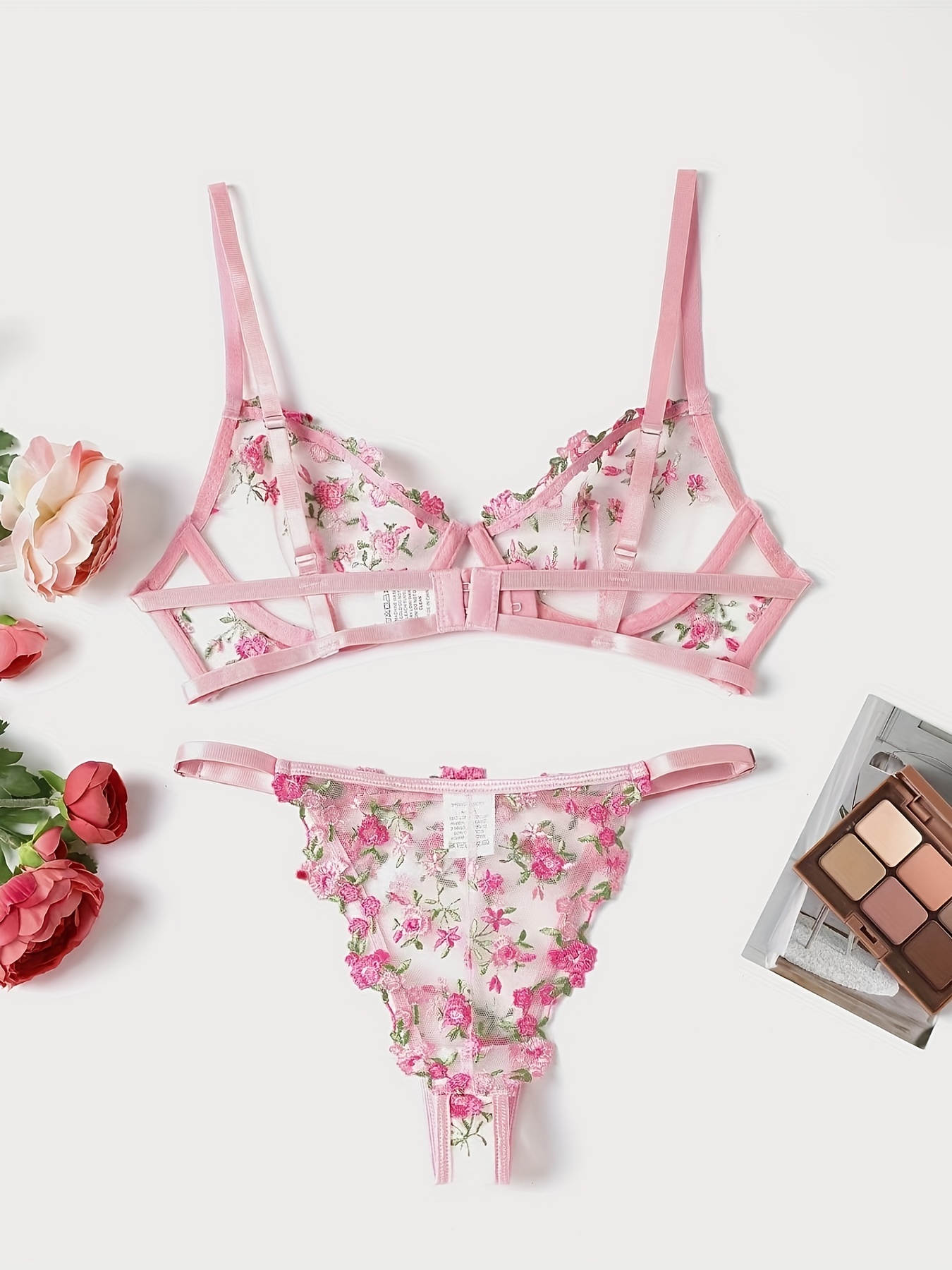 Floral Embroidery Lingerie Set, Mesh Unlined Bra & Panties, Women's *  Lingerie & Underwear