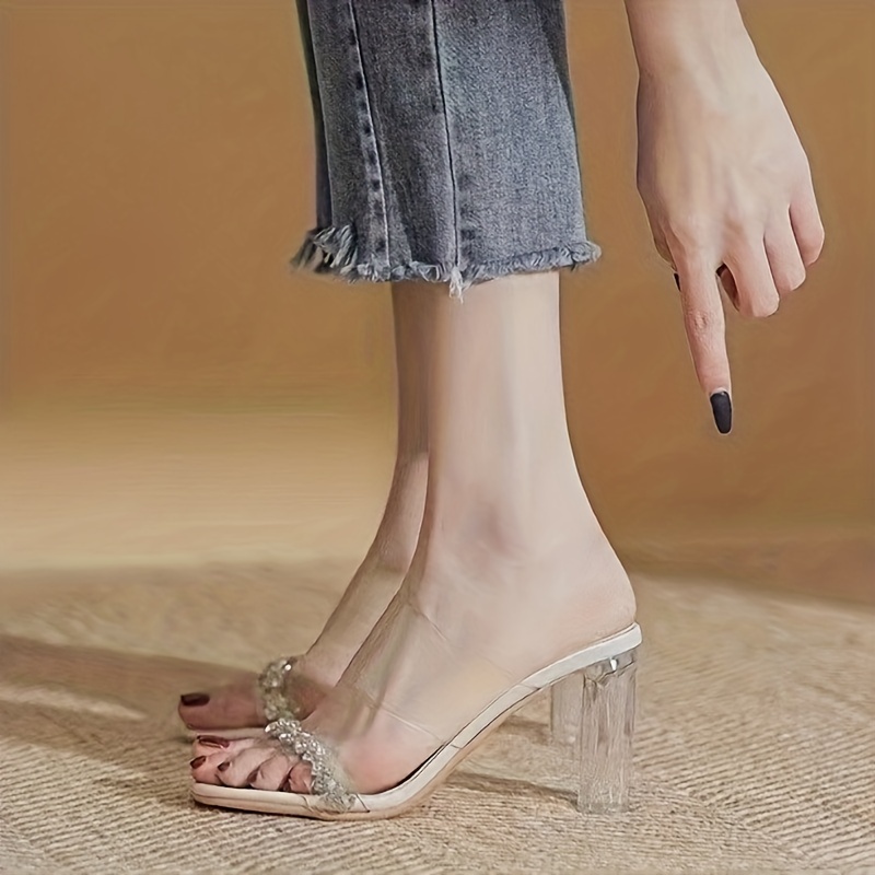 Women's Rhinestone Decor Block Heeled Sandals, Fashion Square Toe  Transparent Strap Pumps, Summer Slip On Heels - Temu Belgium