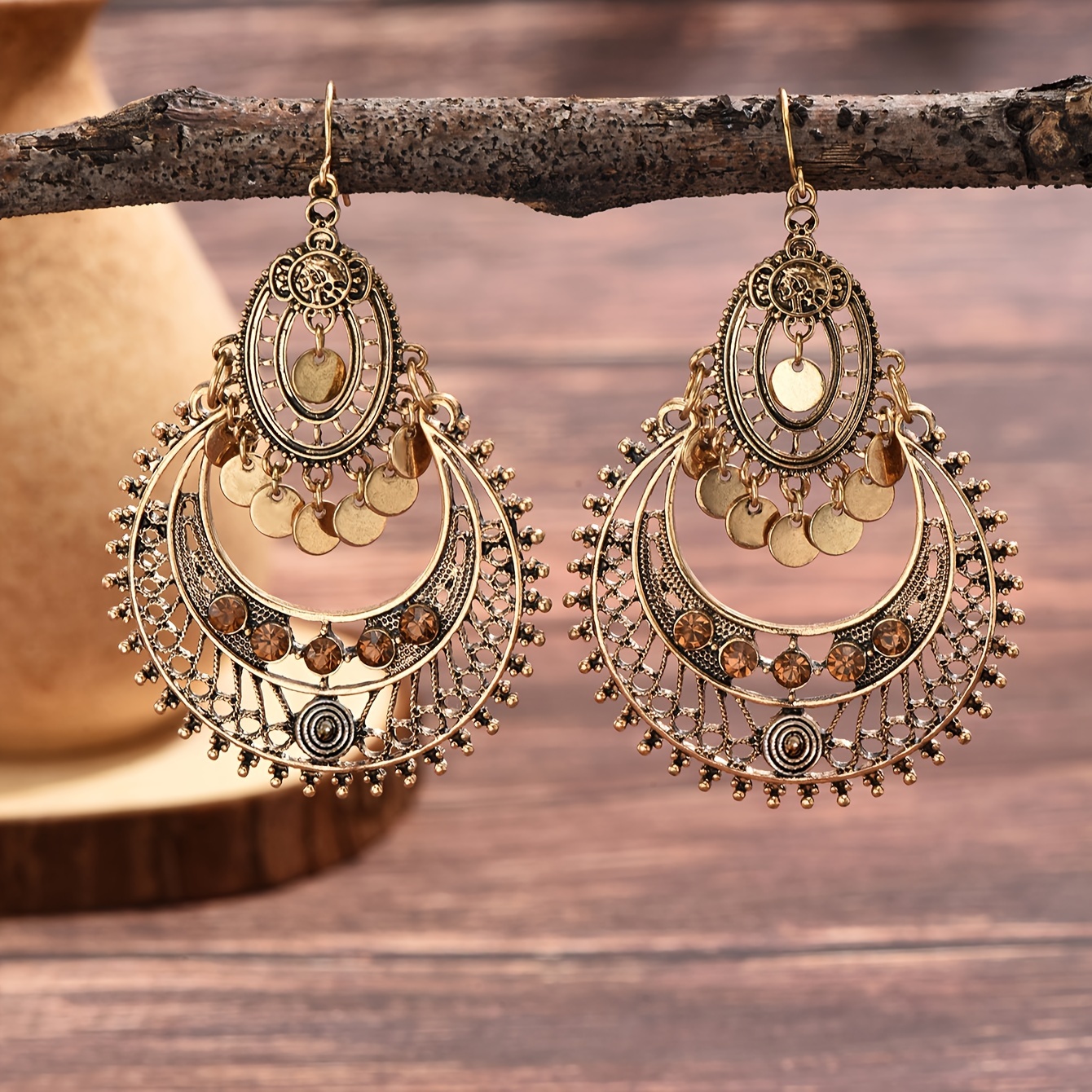 TEMU Hollow Retro Bohemian Dangle Earrings Zinc Alloy Jewelry Exquisite Gift For Women Holiday Party Engagement