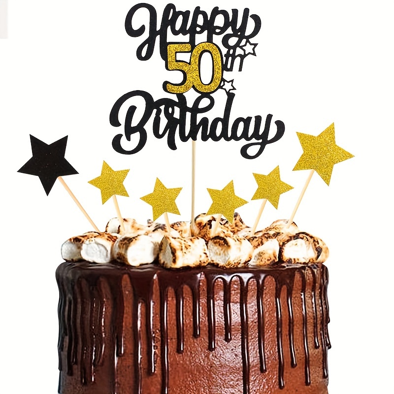 50th Birthday Cake Topper, Black Gold Glitter Cupcake Topper for Happy 50th  Birthday Party Decorations Supplies for Men or Women