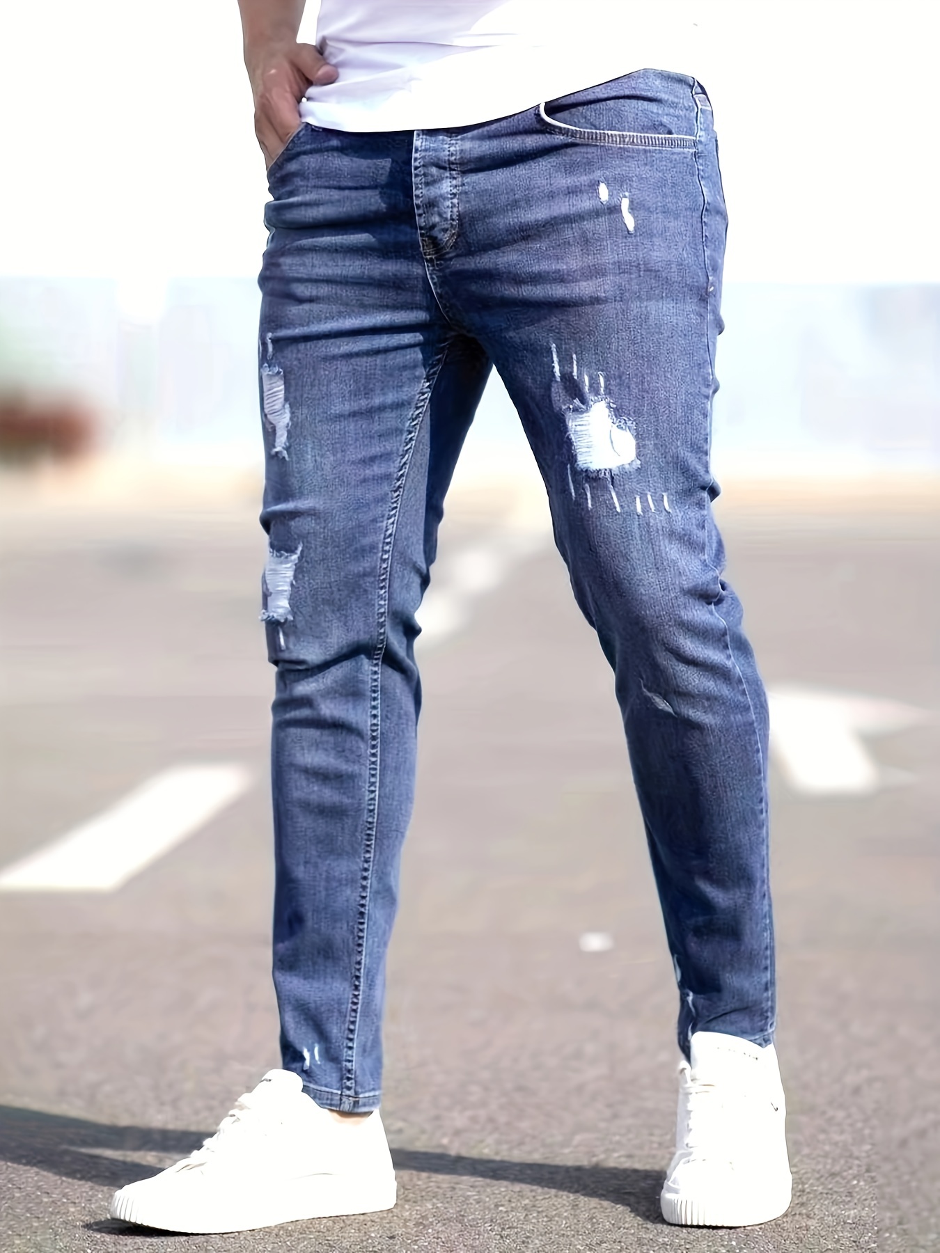 Slim Fit Ripped Cotton Jeans, Men's Casual Street Style Straight Leg  Distressed * Stretch Denim Pants For Spring Summer