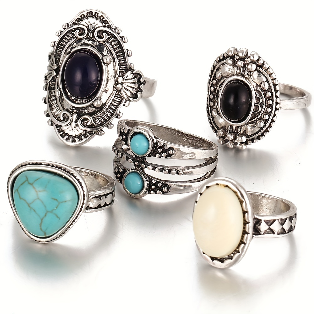 5pcs Boho Style Stacking Rings Inlaid Turquoise