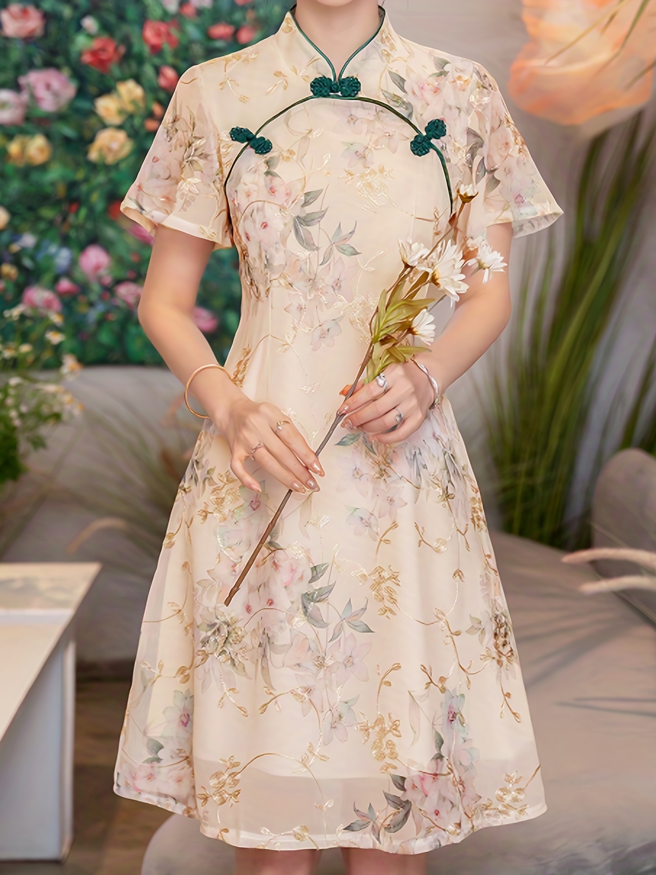 花柄チャイナドレス、ヴィンテージ半袖ミデドレス、婦人服 - Temu Japan