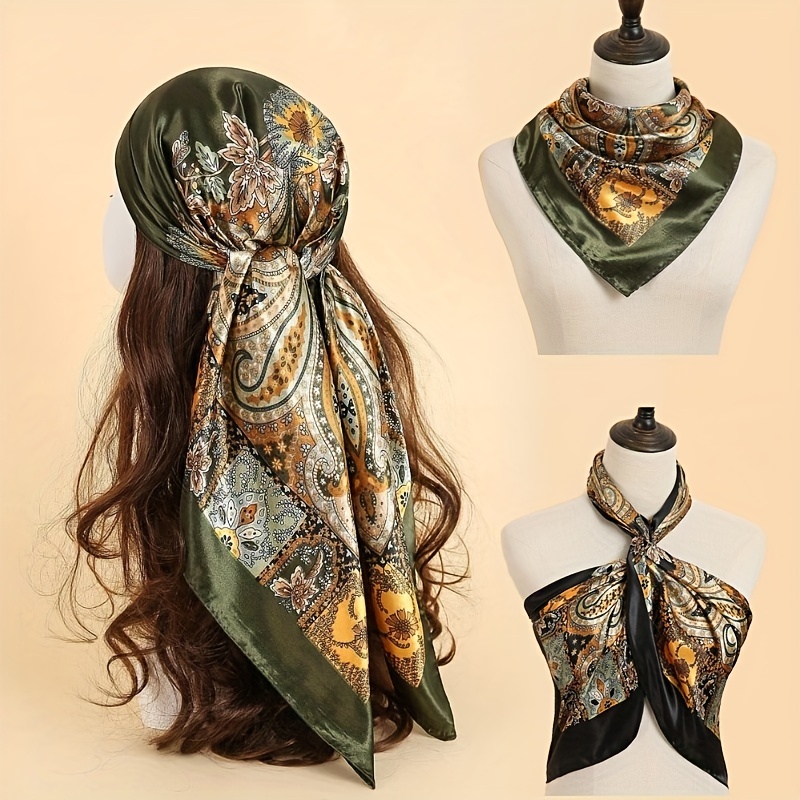 

35.4" Vintage Paisley Print Bandana Elegant Satin Square Scarf Imitation Silk Women Head Wrap Hair Accessories