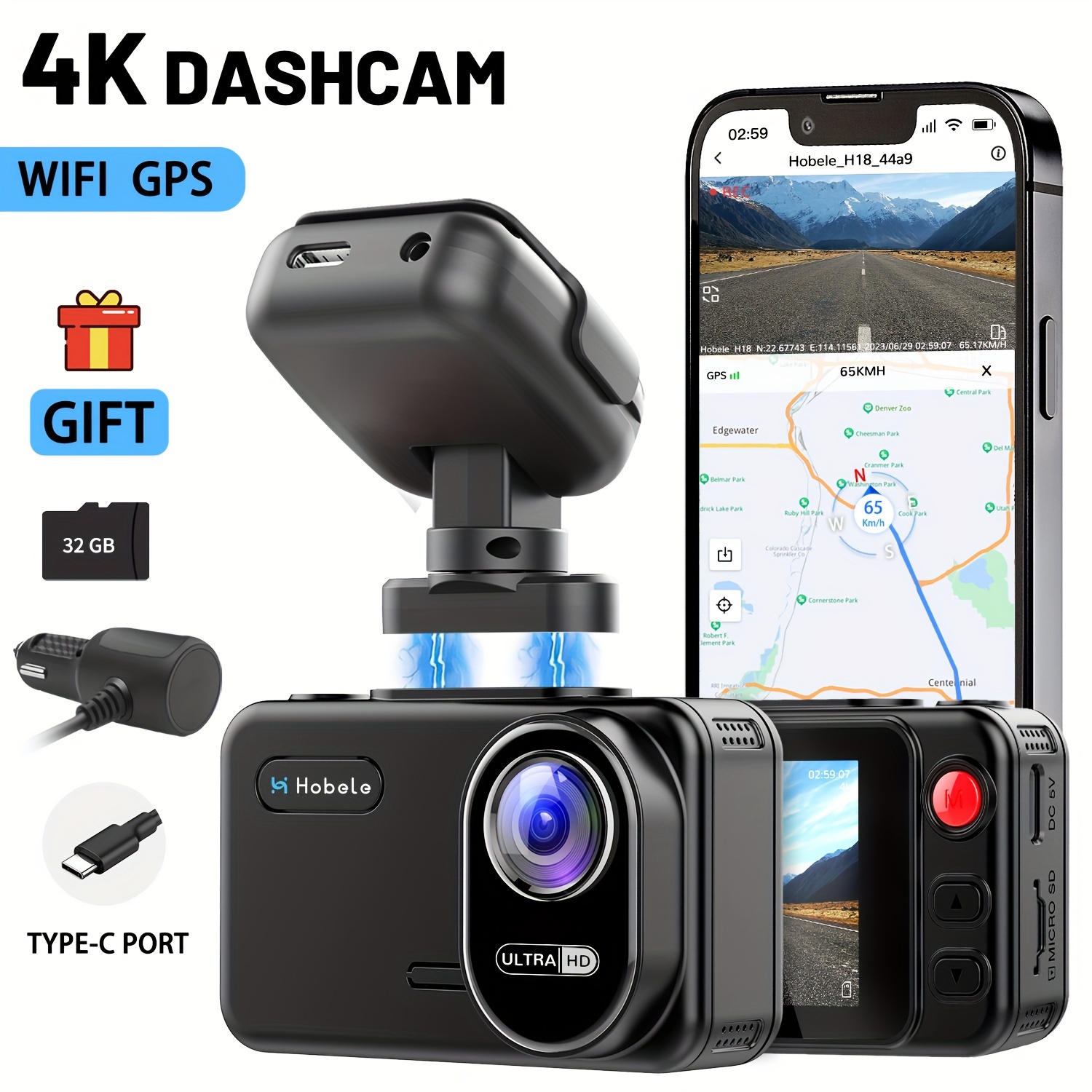 Dash Cam 4K WiFi 2160P Cámara de coche, cámara de tablero para automóviles,  mini cámara frontal para automóviles con visión nocturna, grabación en