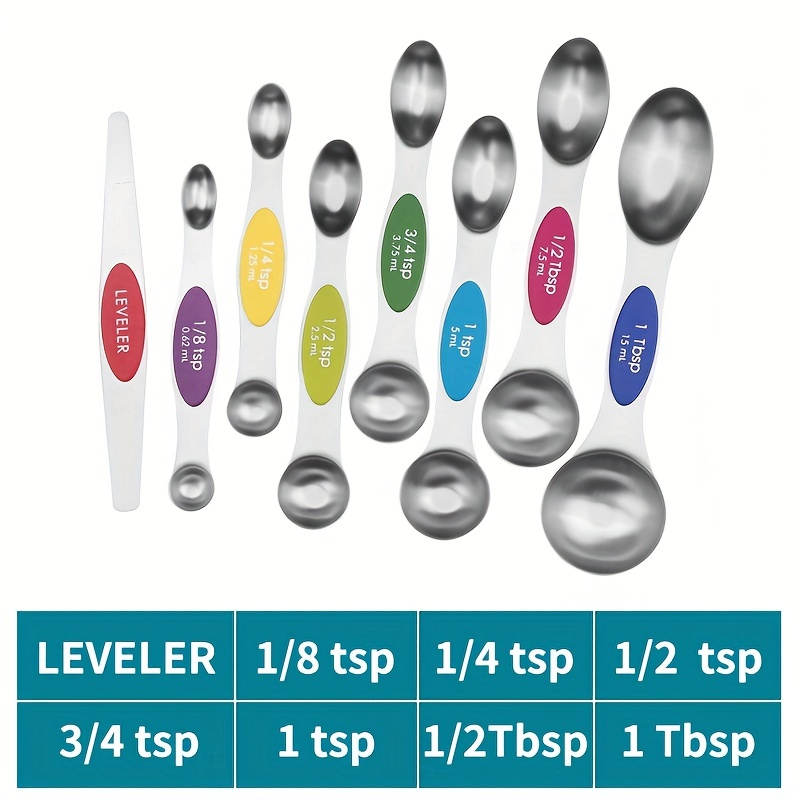 8PCS Magnetic Measurement Teaspoon Tablespoon for Dry and Liquid  Ingredients Stainless Steel Double Head Measuring Spoon