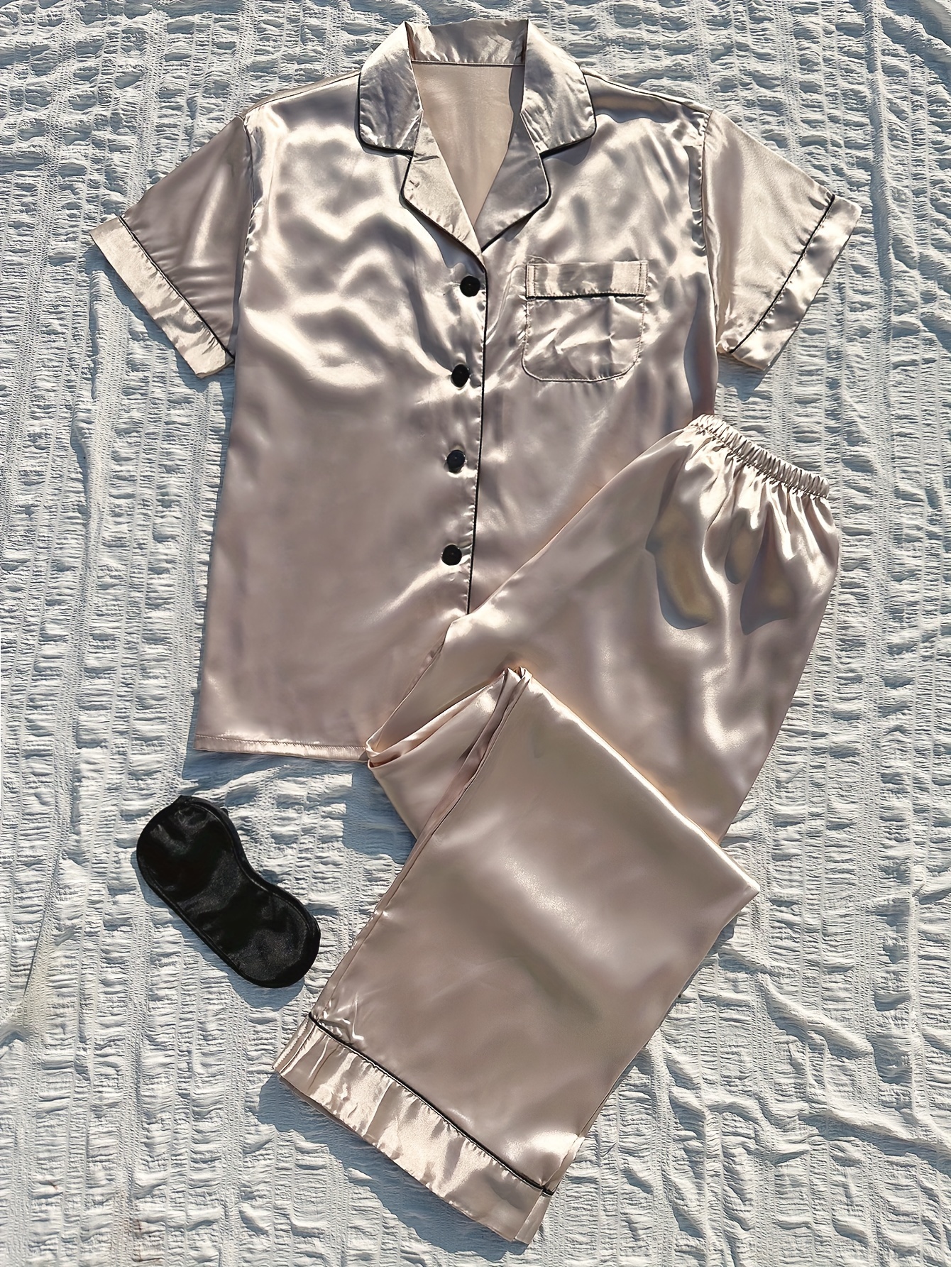 Solid Satin Pajama Set, Short Sleeve Buttons Top & Elastic Waistband Pants,  Women's Sleepwear & Loungewear