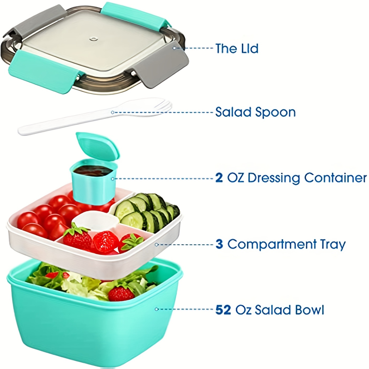 1pc Salad lunch container, bento box 1.1L salad bowl, with 3 compartments,  for salad toppings and back to school snacks