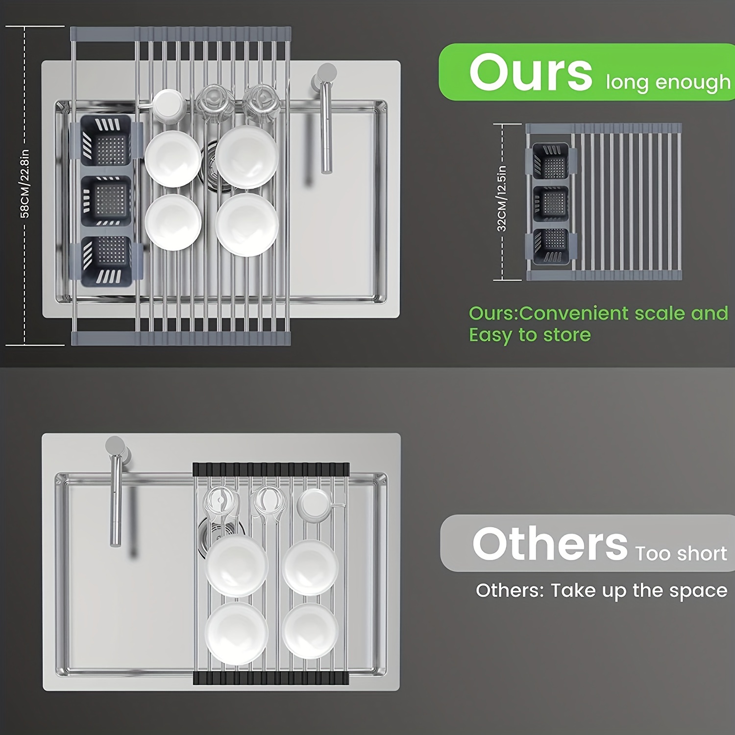 Expandable Roll up Dish Drying Rack with 2 Storage Baskets, Over