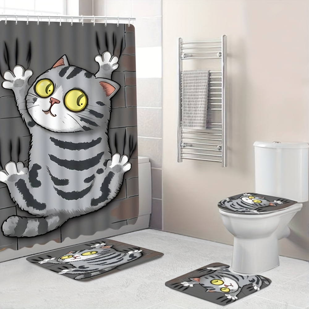 

1/4pcs Whimsical Cat Pattern Shower Curtain Set With Hooks, Waterproof Shower Curtain, Toilet Cover Mat, Non-slip Bathroom Rug, Water Absorbent Bath Mat, Bathroom Accessories, Home Decor