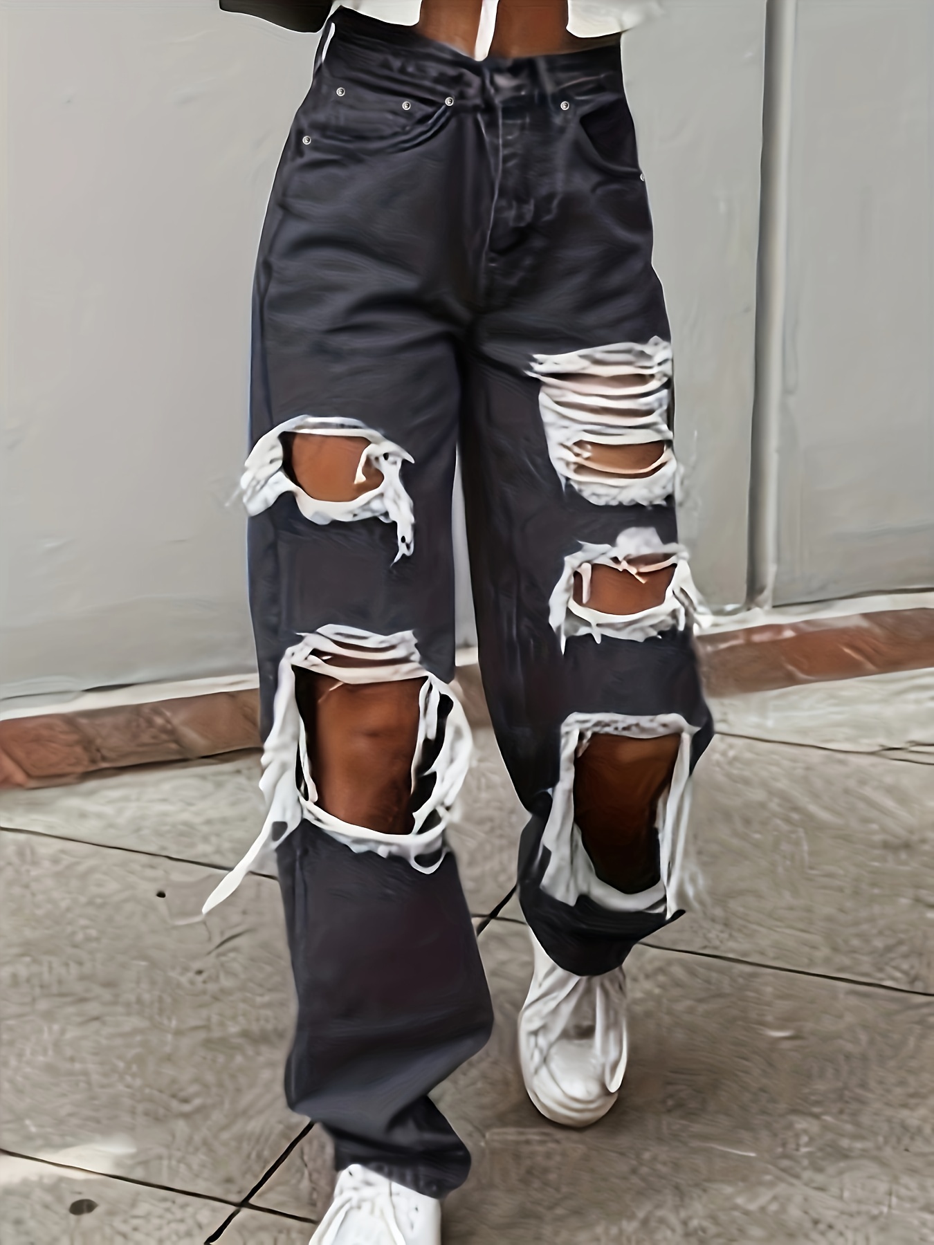Pantalones Mezclilla Agujeros Rasgados Jeans Rectos - Temu