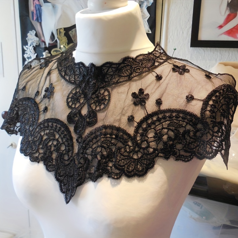 1pc Black And White V-neck Water-soluble Collar With Floral Sewing Trim