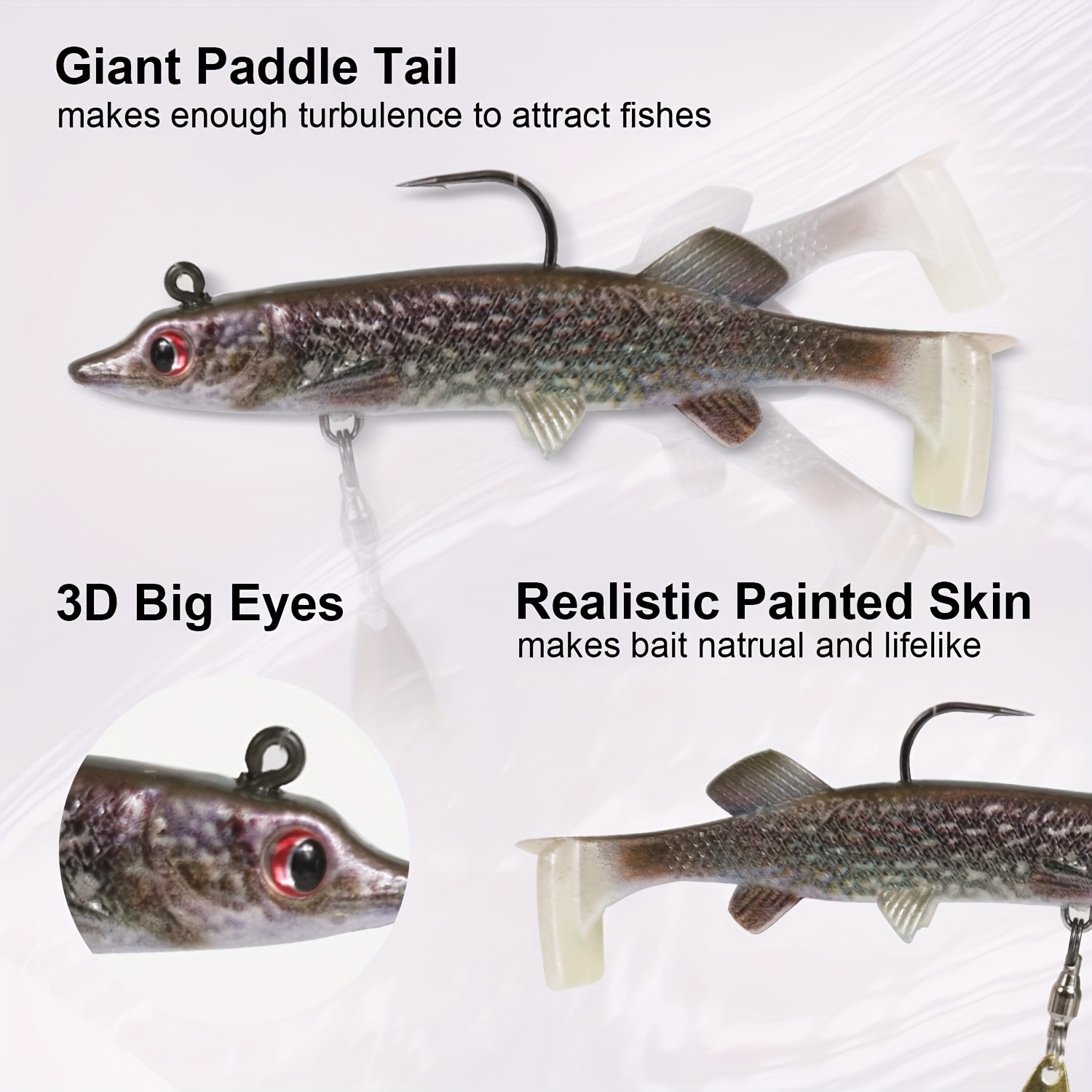5pcs 3D Bionic * Fish Plastic Soft T-Tail Bait, Sequin Spinner Fishing Lure  With Lead Head Hook For Long Casting Fishing