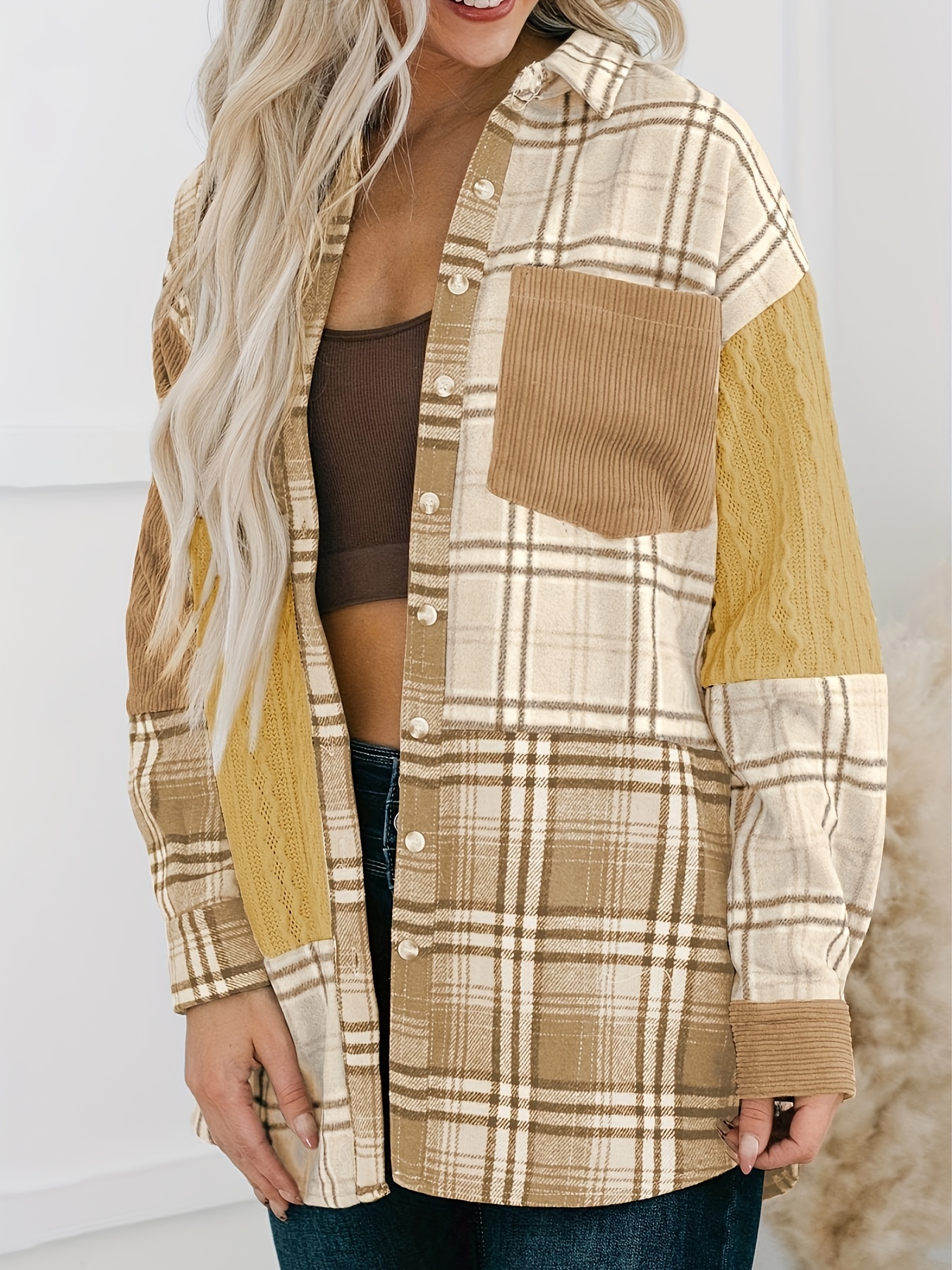 Women'S Colorful Plaid Long Sleeve Shirt Jacket with Pockets Casual  Button-Up Cardigan Style for Fall/Winter, Beige/Gray/Blue/Red Checkere