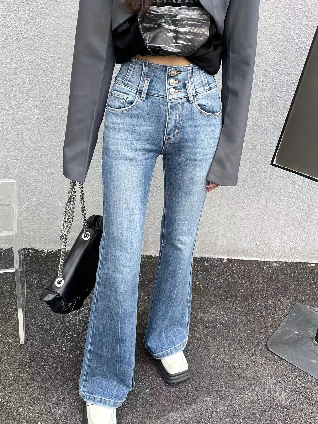 Jeans Acampanados Azules De Cintura Alta, Jeans Acampanados De Estiramiento  Medio Con Botones De Un Solo Pecho, Jeans Y Ropa De Mezclilla Para Mujer