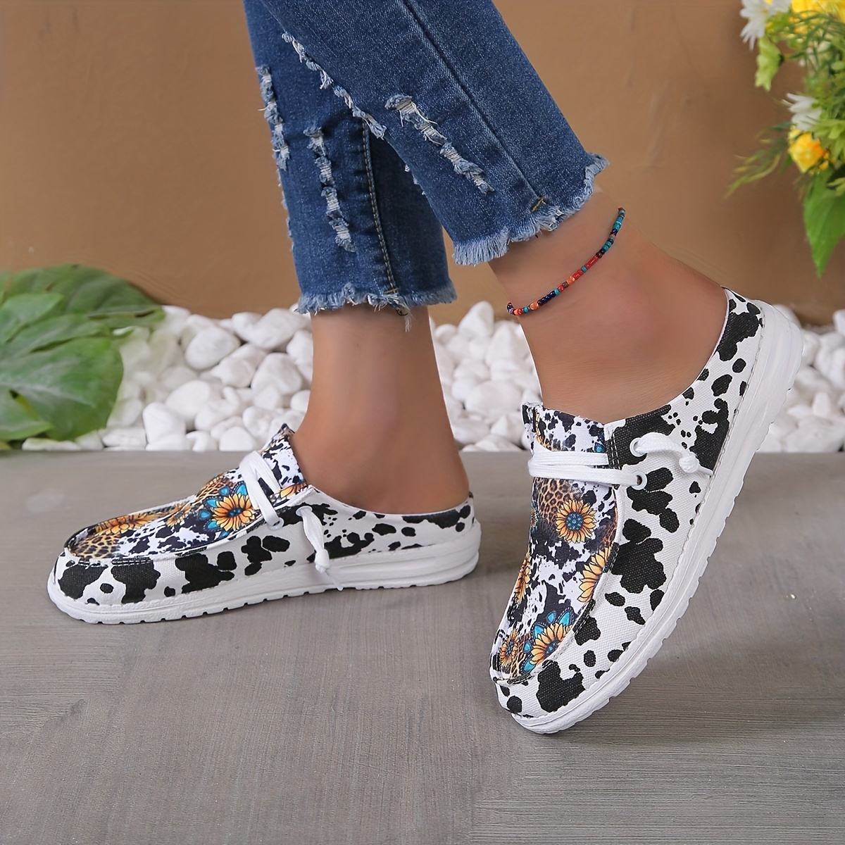 Sunflower & Cow Pattern Mule Sneakers Lace Up Shoes