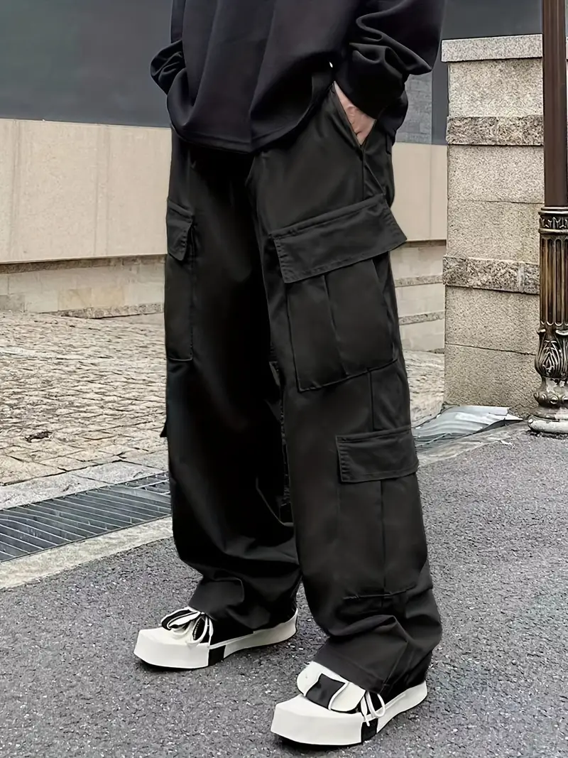 Solid Multi Flap Pockets Men's Straight Leg Cargo Pants - Temu Spain