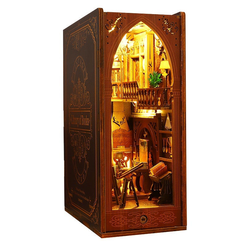 Wooden Puzzle DIY Book Nook Kit Book End Bookshelf Decor with LED